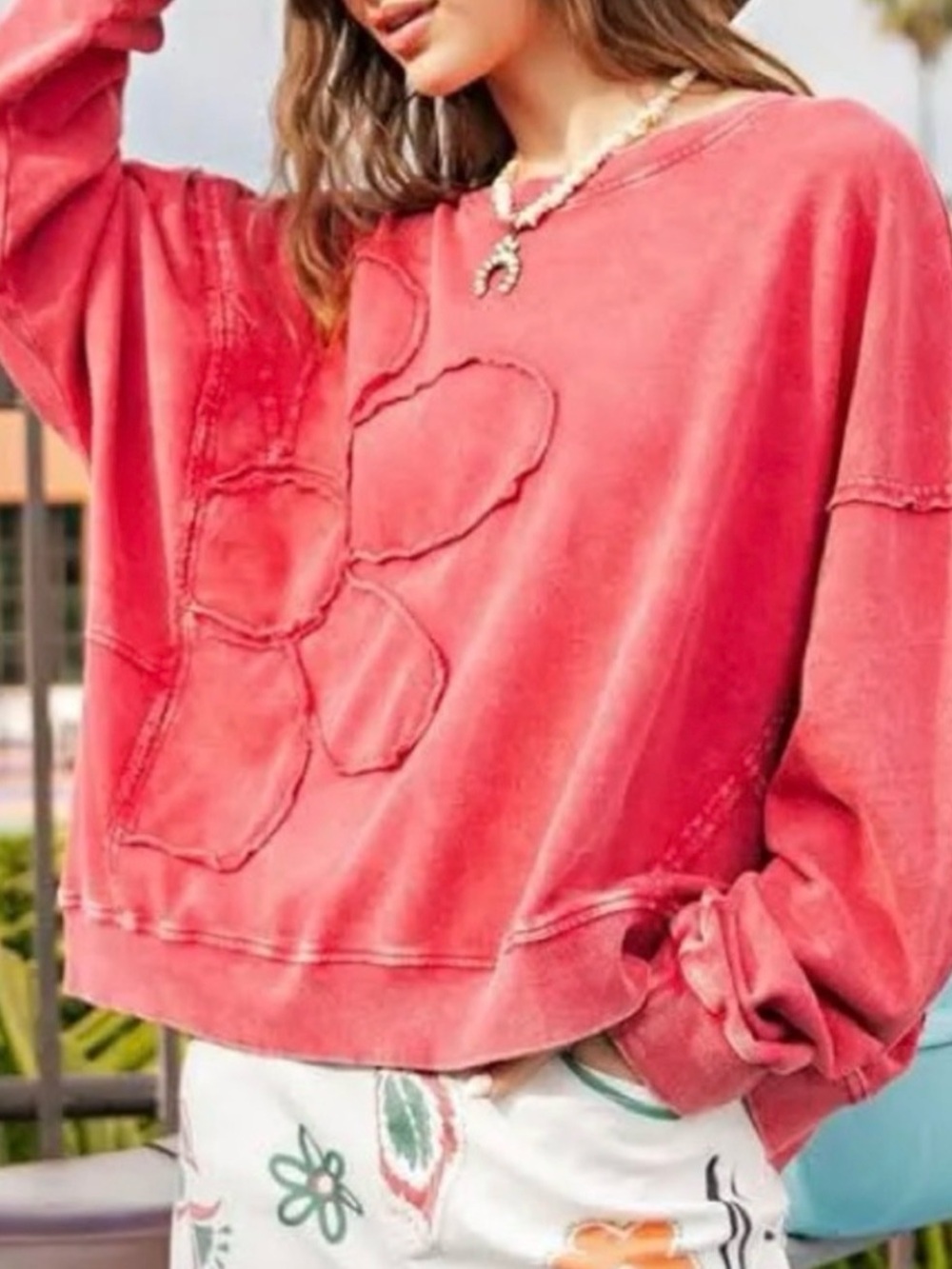 🌺 Easel Red Acid Washed Flower Oversized Sweatshirt 🌺 Boho Chic - Picture 2 of 8
